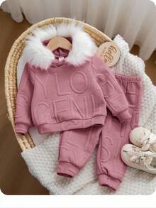 Babygirl 可爱粉色长袖连帽衫和裤子套装，秋冬 - 粉色 - 查看 3