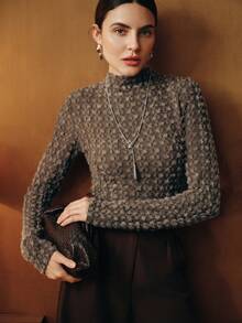 Elegant Flocked Lace Turtleneck Undershirt For Women, High-Quality Autumn/Winter Layering Top - Coffee Brown - View 5