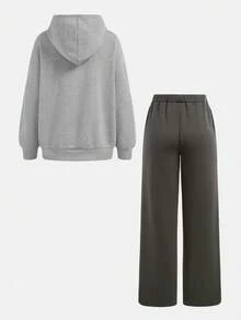 SHEIN Girlism 2件套休闲百搭校园运动英文印花灰色连帽衫，适合青少年女孩 - 灰色 - 查看 2