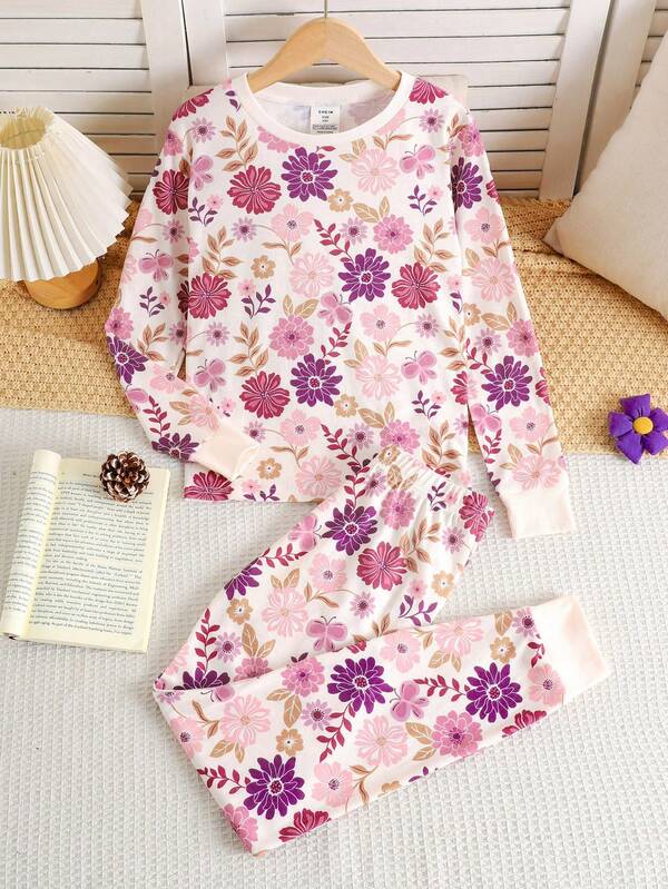 SHEIN Tween Girls Casual Loungewear Set, Vintage Ditsy Floral Knit Ribbed Crew Neck Long Sleeve Top And Leggings Set