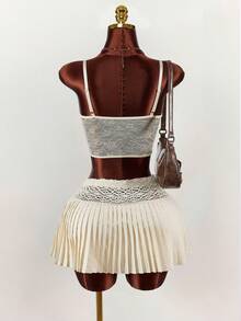 Amplova Chân váy chữ A xếp ly cạp ren cho nữ, gợi cảm và thanh lịch, thích hợp cho các buổi hẹn hò, tiệc tùng, năm mới, Giáng sinh - Màu be - Xem 2