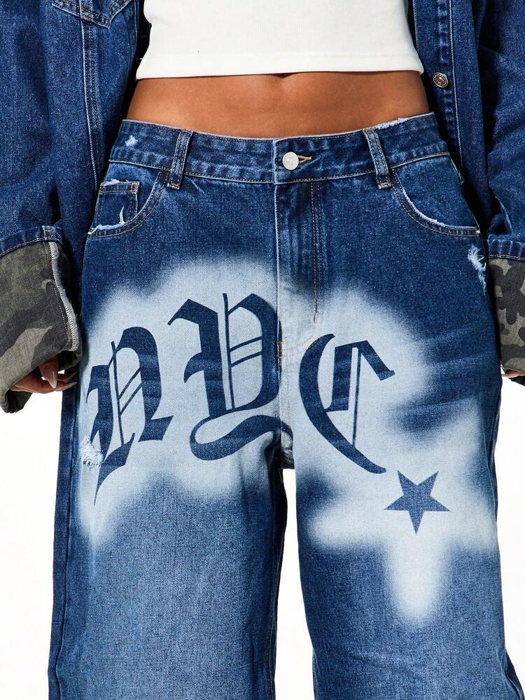 SUMWON WOMEN Baggy Denim Jeans With Graffiti Print