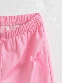 SHEIN Explorewe 2件套少女街头风T恤裤套装，立领长袖T恤带蝴蝶结和豹纹印花，裤子 - 粉色 - 查看 7