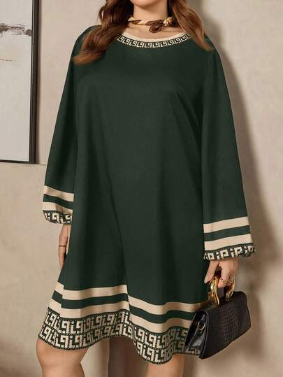Zelara Plus Size Striped & Geometric Pattern Round Neck Long Sleeve Dress Dark Green Women Dress Green Plus Size Dress Tunic Dresses Tunics For Women Modest Tops For Women