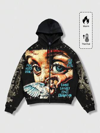 Street Life Sweat-shirt à capuche zippé, décontracté, mode de rue, imprimé ange, avec cordon de serrage, doublé thermique, pour hommes, automne/hiver