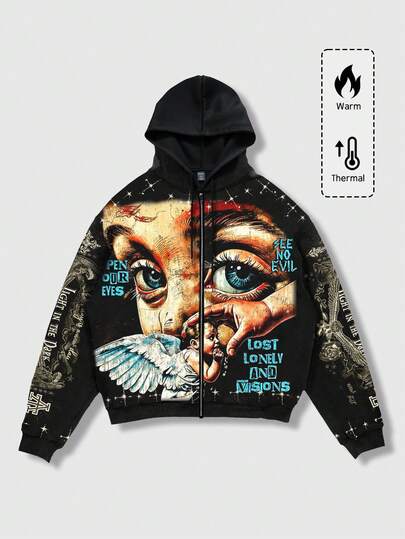 ROMWE MEN Street Life Men's Fashion Street Angel Print Zip-Up Drawstring Hooded Thermal Lined Sweatshirt, Autumn/Winter