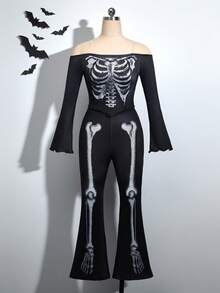 SHEIN Sweetra Young Bộ quần áo thun hở vai in họa tiết bộ xương hóa trang Halloween thường ngày cho bé gái tuổi teen - màu đen - Xem 1