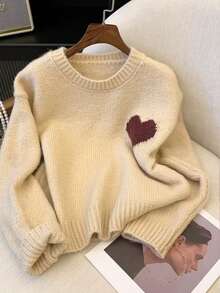 Resyla Women's Heart Pattern Long Sleeve Casual Loose Cropped Crew Neck Sweater