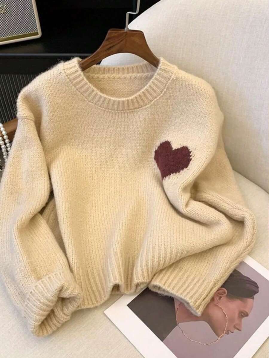 Resyla Women's Heart Pattern Long Sleeve Casual Loose Cropped Crew Neck Sweater