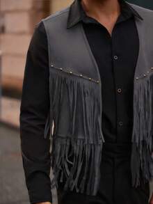 Manfinity VCAY Men's Suede Rivet Decor Fringe Jacket Boho Men's Vest Men's Fringe Fringe Vest Western Wear For Men - Army Green - View 8