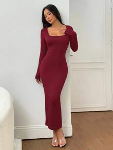 SHEIN PETITE 女士秋冬基础款针织灰色修身方领长袖连衣裙 - 酒紅色 - 查看 7