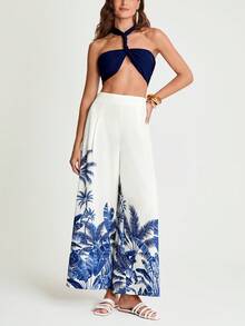 CAJUNI x Carol Peixinho Pantaloni larghi ed eleganti a vita alta con stampa di palme per donne - Beige - Visualizzare 1