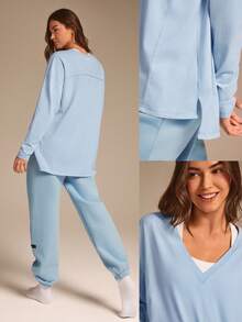 GLOWMODE Top à manches longues en coton Pima doux et extensible, col en V, longueur hanches, pour l'automne et l'hiver. Tenue décontractée quotidienne - Bleu ciel - Voir 6