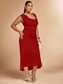 SHEIN BAE 大码女式卡其色不对称金属连衣裙 - 紅色 - 查看 5