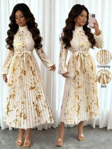 SHEIN Raffinéa Rafferiza Fashionable Elegant Champagne Gold Metallic Pleated Women Dress - Apricot - View 7