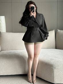 Flirla Elegant Solid Color Belted Slim Fit Button Decor Casual Minimalist A-Line Windbreaker