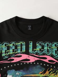 ROMWE MEN Street Life 男士印花长袖T恤，宽松短款 - 黑色 - 查看 3