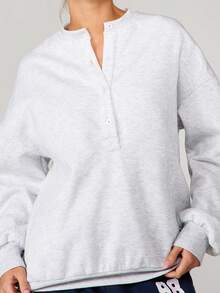 MISSGUIDED Sudadera holgada de mujer con detalle de cartera con botones, cuello redondo, manga larga, parte superior informal