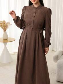 Al Najma Women's Elegant Commuter Solid Color Lantern Sleeve Arabic Dress Elegant Dress Women Chocolate Brown Dress Dark Brown Dress Modest Brown Dress Elegant Brown Dress Long Sleeve Brown Dress