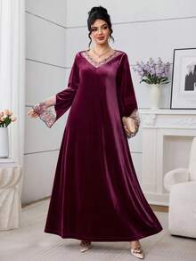 SHEIN Najma Women's Velvet Collar Floral Lace Cuff Mesh Embroidered Arabic Style Dress - Multicolor - View 6