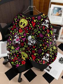 LOONEY TUNES X SHEIN Áo nỉ cổ tròn in hình cây và hoạt hình Ngày của người chết, thời trang thường ngày cỡ lớn dành cho nữ, mùa xuân/thu - trắng - Xem 2