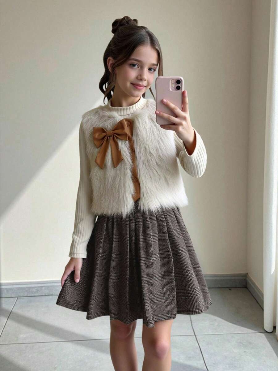 SHEIN Sparklyn 3件套儿童休闲复古时尚毛绒背心（带蝴蝶结）、配套长袖上衣和PU百褶裙（适合8-12岁儿童）