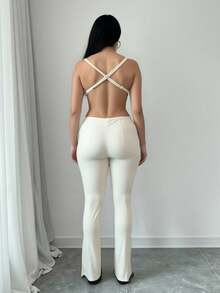 SHEIN SXY Women's Spring/Summer New Elastic Knit V-Neck Spaghetti Strap Backless Crisscross Hem Slit Jumpsuit