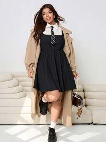 Solflare Đầm cổ sơ mi 2 trong 1 tay dài thường ngày cỡ lớn dành cho nữ - Đen và trắng - Xem 6