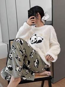 SHEIN Cartoon Panda Embroidered Fluffy Top And Flannel Printed Pajama Pants Set For Women, Cozy Winter Clothes