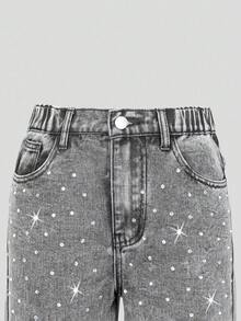Sparklyn Quần jeans ống rộng phong cách đường phố Y2K sành điệu dành cho nữ tuổi teen, điểm nhấn lấp lánh như kim cương, cạp chun co giãn, món đồ thời trang không thể thiếu. - Màu Xám nhạt - Xem 5