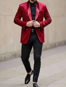 Manfinity Bizformal Burgundy Luxury Double-Breasted Suit Jacket, Men's Blazer, Tailcoat Jacket, Blending Classic Inspiration And Modern Creativity, Creating A Refined And Elegant Style, With Vibrant Colors And Exquisite Collar Design To Endow The Fabric With A Unique Texture, Becoming The Highlight In Formal Occasions Such As Galas, Weddings, Graduations, Parties, Showcasing Charm And Confidence, An Indispensable Fashion Piece, Suitable As A Gift For Husband, Boyfriend, Father, Son - Burgundy - View 3