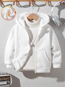 SHEIN 儿童休闲夹克 Wtt 官方网站，男童冬季外套，连帽拉链卫衣，学校，基本款上衣，冬季上衣，适合春季、夏季、秋季、冬季学校、花园、海滩、生日 - 白色 - 查看 1