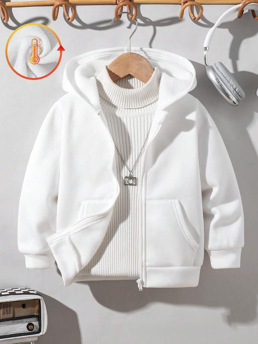 SHEIN 儿童休闲夹克 Wtt 官方网站，男童冬季外套，连帽拉链卫衣，学校，基本款上衣，冬季上衣，适合春季、夏季、秋季、冬季学校、花园、海滩、生日 - 白色 - 查看 1