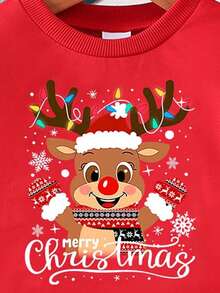 两件套男婴圣诞驯鹿印花针织卫衣上衣和裤子套装，适合秋冬季外出和休闲穿着 - 紅色 - 查看 8