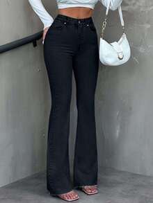 SHEIN Tall Casual Washed High Waist Slim Fit Flare Jeans - Dark Grey - View 3