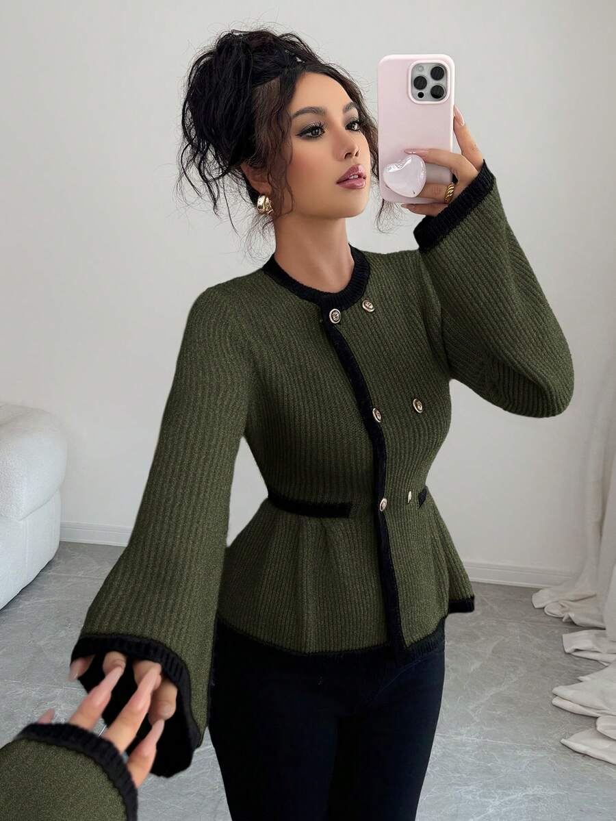 SHEIN Elenzya Suéter elegante de mujer con cuello redondo y diseño de botones delanteros en contraste de color - Verde - Ver 1