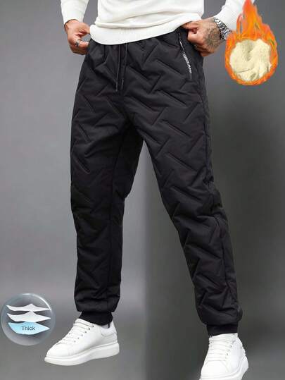 Manfinity Homme Men's Thermal Lined Autumn/Winter Zipper Pocket Drawstring Waist Thermal Lined Casual Pants Men Nylon Pants Men Quilted Pants Thermal-Lined Baggy Pants Warm Pants Street Wear Pants Daily Leisure, Weekend Trips, Outdoor Activities, Travel Expeditions, Relaxed Work Environments Or Semi-Formal Occasions,Boyfriend/Husband Gift, Anniversary Gift Christmas