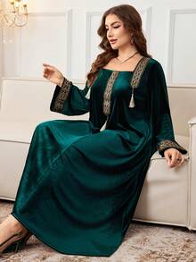 Al Najma Plus Size Women's Square Neck Long Sleeve Sequin Tassel Luxurious Elegant Arabic Style Party Dress - Dark Green - View 5