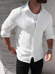 Manfinity CasualCool 男士几何纹理单排扣休闲长袖衬衫 男士白色长袖衬衫 男士纹理衬衫 针织男士衬衫 - 白色 - 查看 4