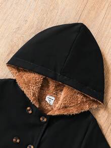 SHEIN 女童卡其色保暖连帽双排扣时尚外套，适合日常休闲穿着 - 黑色 - 查看 7