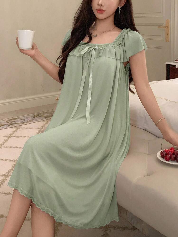 Lightweight Ruffled Mesh Women's Nightgown Sleepwear Dress