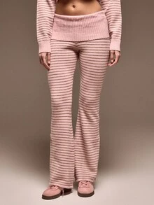 MUSERA Knit Foldover Ribbed Waistband Striped Flared Casual Trouser Only Spring Cute Vacation Casual Brunch Sunday Best Airport Holiday Back To School Winter Everyday Work Office Chic Sweater - Multicolor - View 2