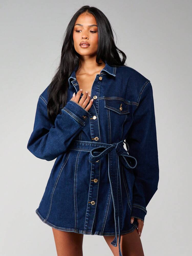 MISSGUIDED Vestido mini de mezclilla con hombreras y cinturón, estilo de vestido con chaqueta de manga larga con botones y cuello