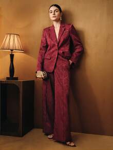 Anewsta 女士腰果色提花翻领长袖单排扣优雅西装外套 - 酒紅色 - 查看 6