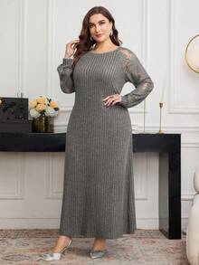 Modelyn Gaun Wanita Ukuran Besar Musim Gugur/Dingin dengan Detail Renda dan Motif Bunga Matahari Patchwork yang Lembut - Dark Grey - View 3