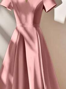 Franclia Vestido midi elegante para mulheres, cor sólida, decote entalhado, manga curta