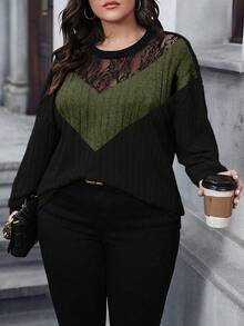 Calvaya Plus Size Autumn Fashion Color Block Contrast Lace Sweatshirt - Multicolor - View 5