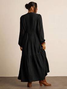 Freevana Plus Size Women Casual Solid Color Notched Neck Long Sleeve Dress - Black - View 5