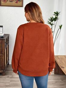 EMERY ROSE Plus Size Women Red Loose Fit Round Neck Drop Shoulder Long Sleeve Smart Casual Everyday Sweatshirt,Autumn Cozy Christmas Jumper Country Style - Rust Brown - View 2