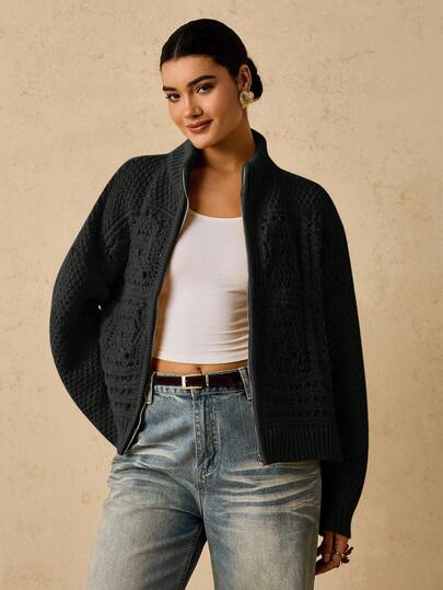 Travachic Cárdigan de punto suave y cómodo con cremallera para mujer de talla grande, otoño